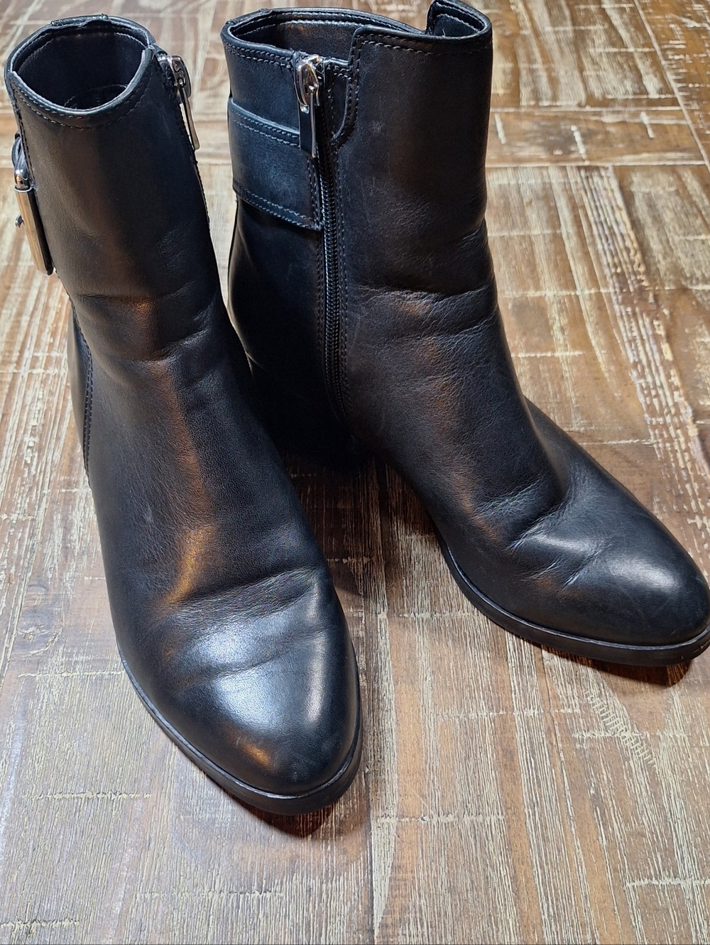 Via Spiga Black Leather‎ Zip Side Ankle Boot Women' s Size 7M Chunky Heel